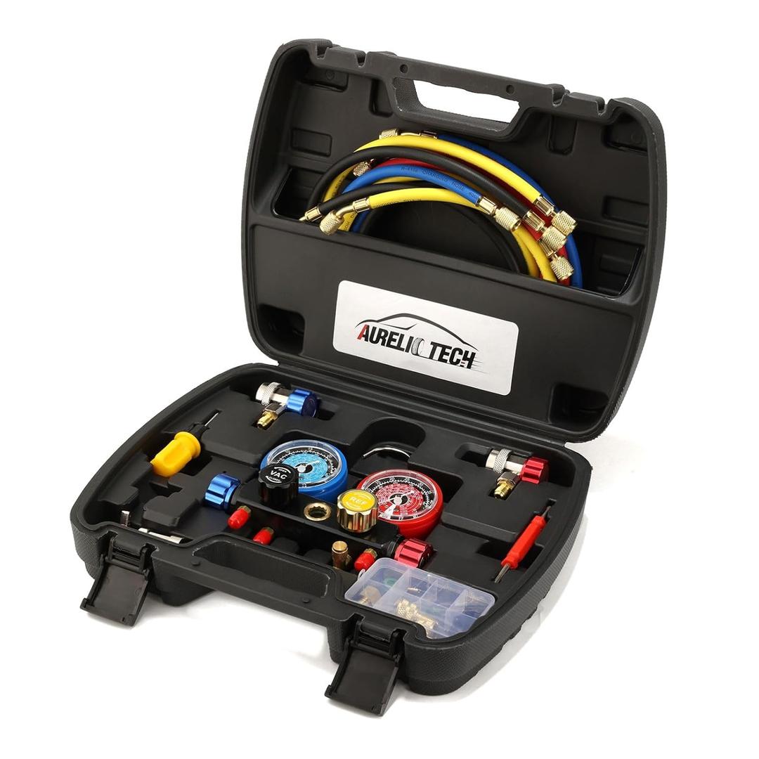 UPGRATED Version 4 Way A/C Manifold Gauge Set Fits R134A R410A R404A R22 Refrigerants with 5FT Hose, 3 Acme Tank Adapters, Adjustable Couplers and Can Tap
