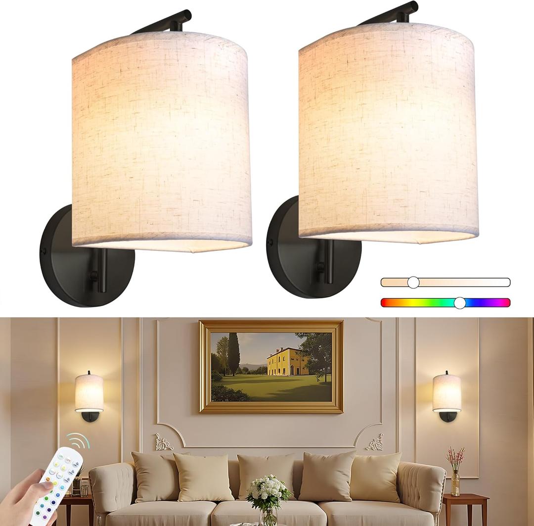 Rechargeable Battery Operated Wall Sconces Set of 2, Wireless Wall Lights with Remote Control 12 RGB Colors Magnetic Bulbs 5200mAh Battery Wireless Sconces for Bedroom Living Room (Black) (Size: 9 inch, Base: Round)