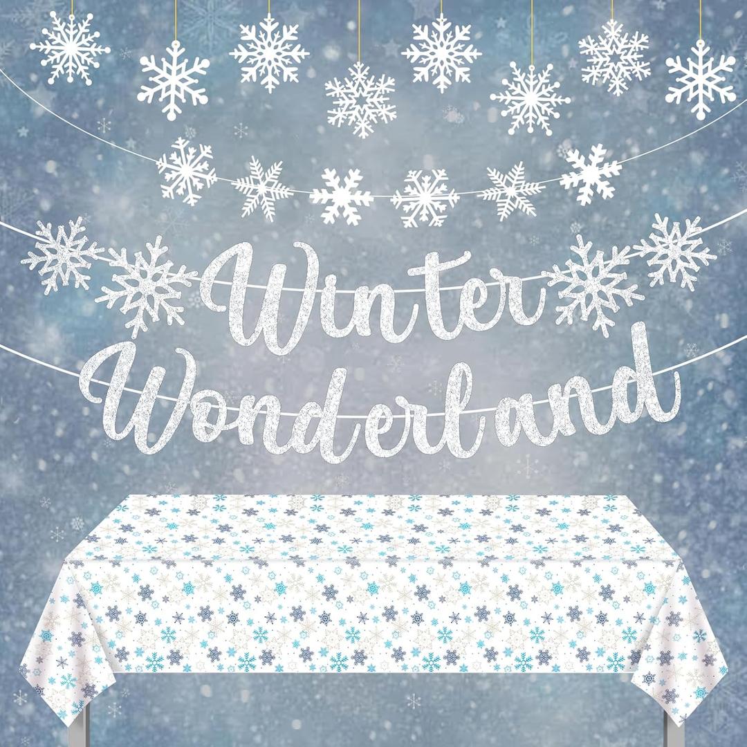 Winter Wonderland Decorations,Glitter Sliver Winter Wonderland Banner,Snowflakes Garland Hanging Ornaments with Snowflake Tablecloth for Home Christmas Frozen Party Supplies