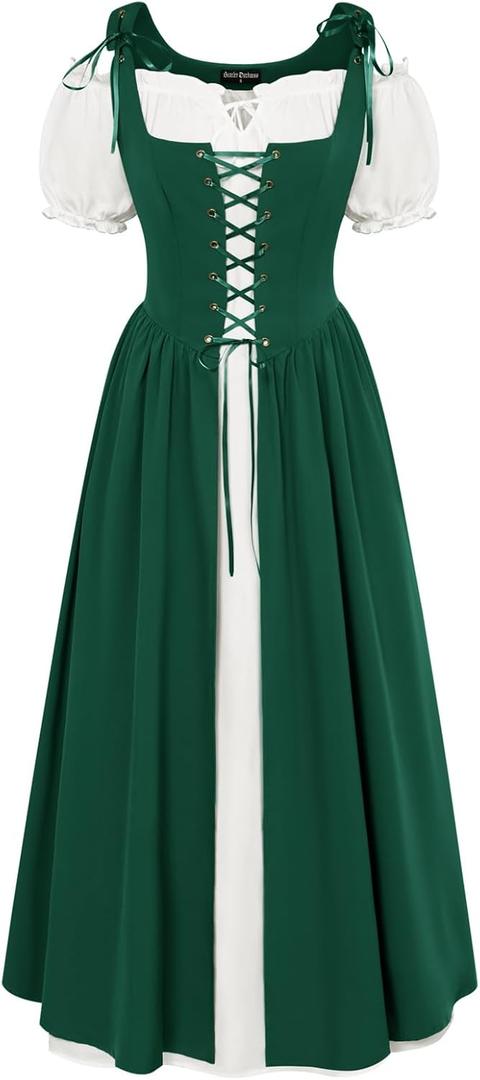 Scarlet Darkness Renaissance Costume Women Peasant Medieval Dress Short Sleeve Maxi Fairy Dresses with Pockets Dark Green XL