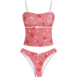 ZAFUL Tankini Swimsuits for Women Bow Tie Side Bathing Suits Tummy Control High Cut Two Piece Bikini Sets (Medium, Red)