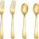 100PCS Gold Plastic Silverware, Heavy Duty Disposable Cutlery Set for Parties, Disposable Plastic Spoons and Forks Includes 50 Gold Spoons and 50 Forks for Weddings, Birthday, Dinners