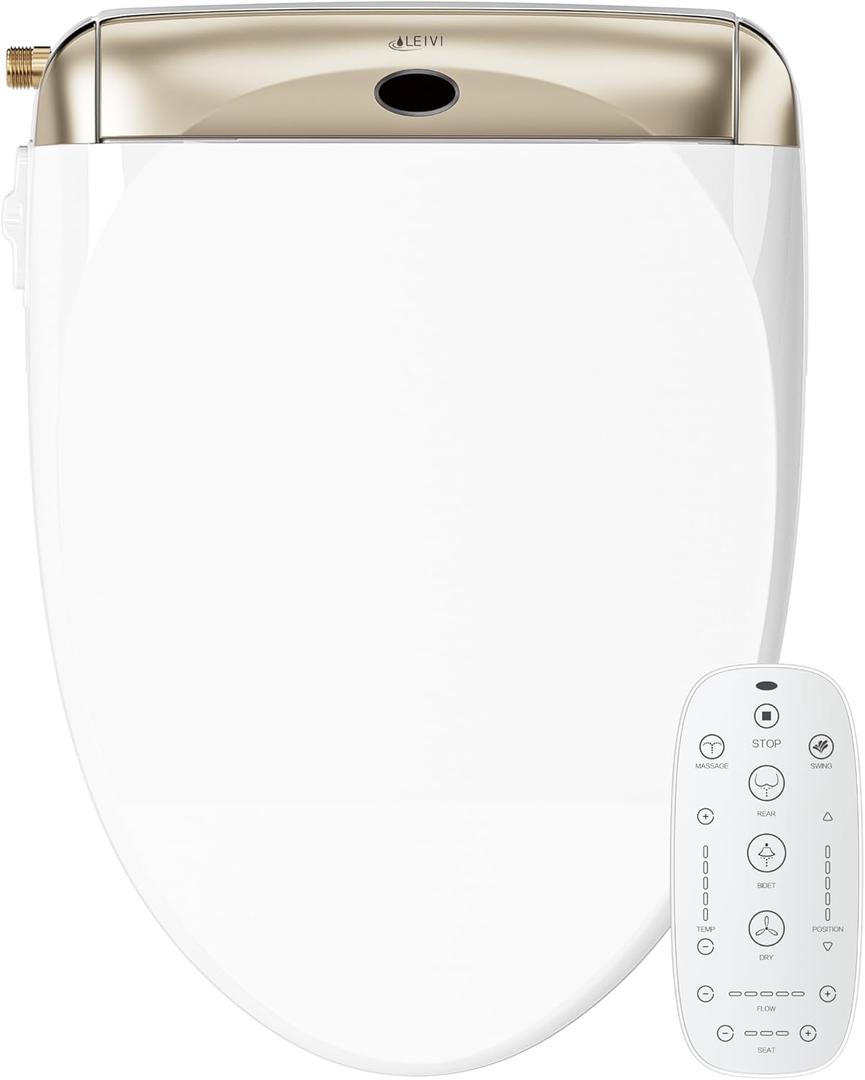LEIVI Smart Bidet Toilet Seat with Wireless Remote and Side Panel, Multiple Spray Modes, Adjustable Heated Seat, Warm Water and Air Dryer, Auto LED Nightlight, Elongated (Gold)