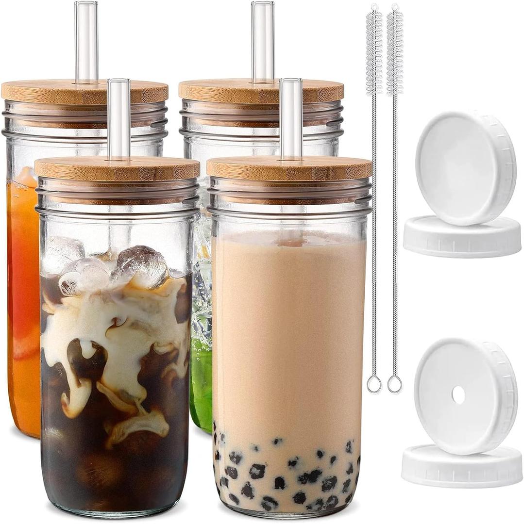 DWTS DANWEITESI Glass Cups with Lids and Straws,24 oz Smoothie Cup with Lid and Straw-Boba Mason Jar,Matcha Cup Wide Mouth Reusable Drinking Glasses,Iced Coffee Cups Glass,Vasos De Vidrio4 Pack