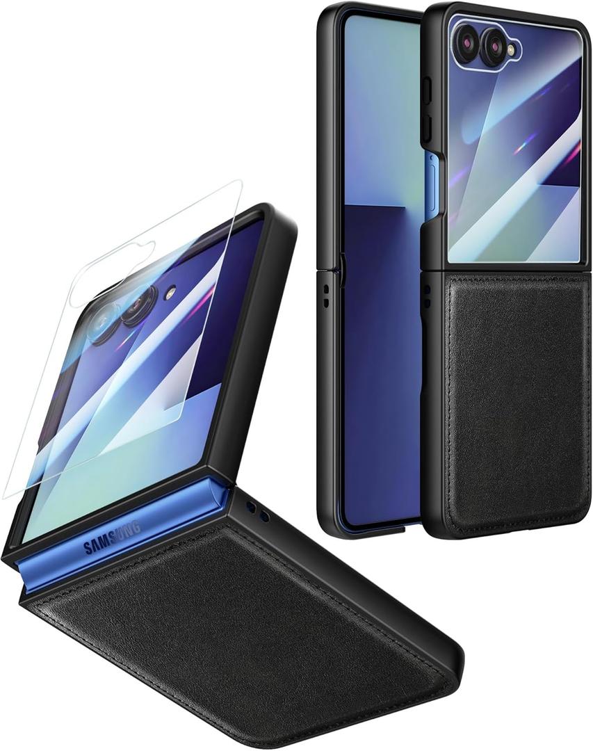 Foluu Leather Case for Samsung Galaxy Z Flip 7 with Front Built-in Screen Protector, PU Leather + Hard PC Shell Ultra Thin Slim Durable Protective Phone Cover for Galaxy Z Flip7 5G 2025 (Black)