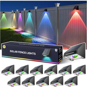 Solar Fence Lights Outdoor Waterproof, 9 Fixed Color  RGB Color Changing Modes, Brighter Spot Lens Fence Lights Solar Powered, Dusk to Dawn Deck Lighting Decor for Wall Step Stairs - 12 Pack