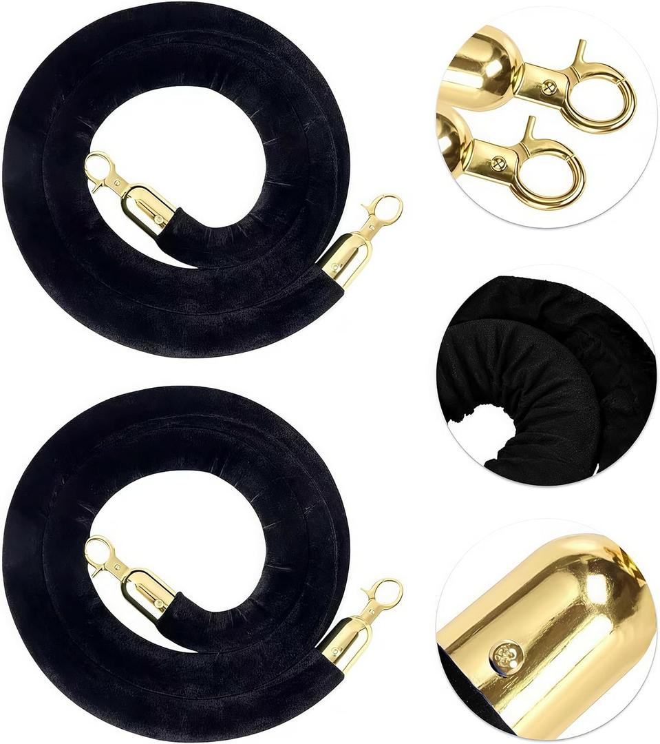 2Pack Black Velvet Stanchion Rope, 5FT Crowd Control Safety Barriers with Polished Gold Lobster Hooks for Movie Theater, Queue Barrier, Grand Openings, Hotel Celebration, Carpet Event (Black)