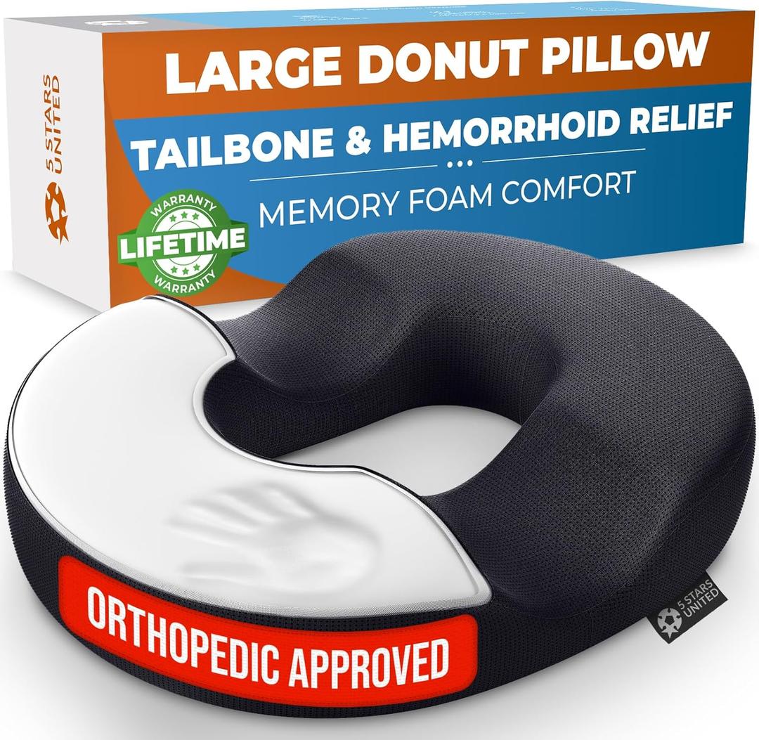 5 STARS UNITED Donut Pillow Hemorrhoid Tailbone Cushion  Large Cushion for Pain Relief  Coccyx, Prostate, Sciatica, Pelvic Floor, Pressure Sores, Pregnancy, Postpartum Recovery, Black