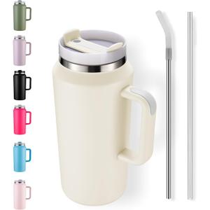 64oz Insulated Tumbler with Handle, Stainless Steel Double Wall Vacuumn Water Bottle, Lid and Straw for School, Gym, Hiking & Camping, Cream