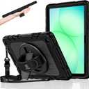 Case for Galaxy Tab A11 Plus 11 Inch 2025 and Galaxy Tab A9 Plus 11 Inch 2023, Heavy Duty Shockproof Rugged Protective Case with 360 Rotating Stand Kickstand, Hand Strap and Shoulder Strap, Black