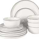 Gibson Home Oslo 12-Piece Porcelain Dinnerware Set – Dinner Plates, Salad Plates & Bowls, Classic White With Black Rim Everyday Dish Set for Home, Kitchen, Microwave & Dishwasher Safe