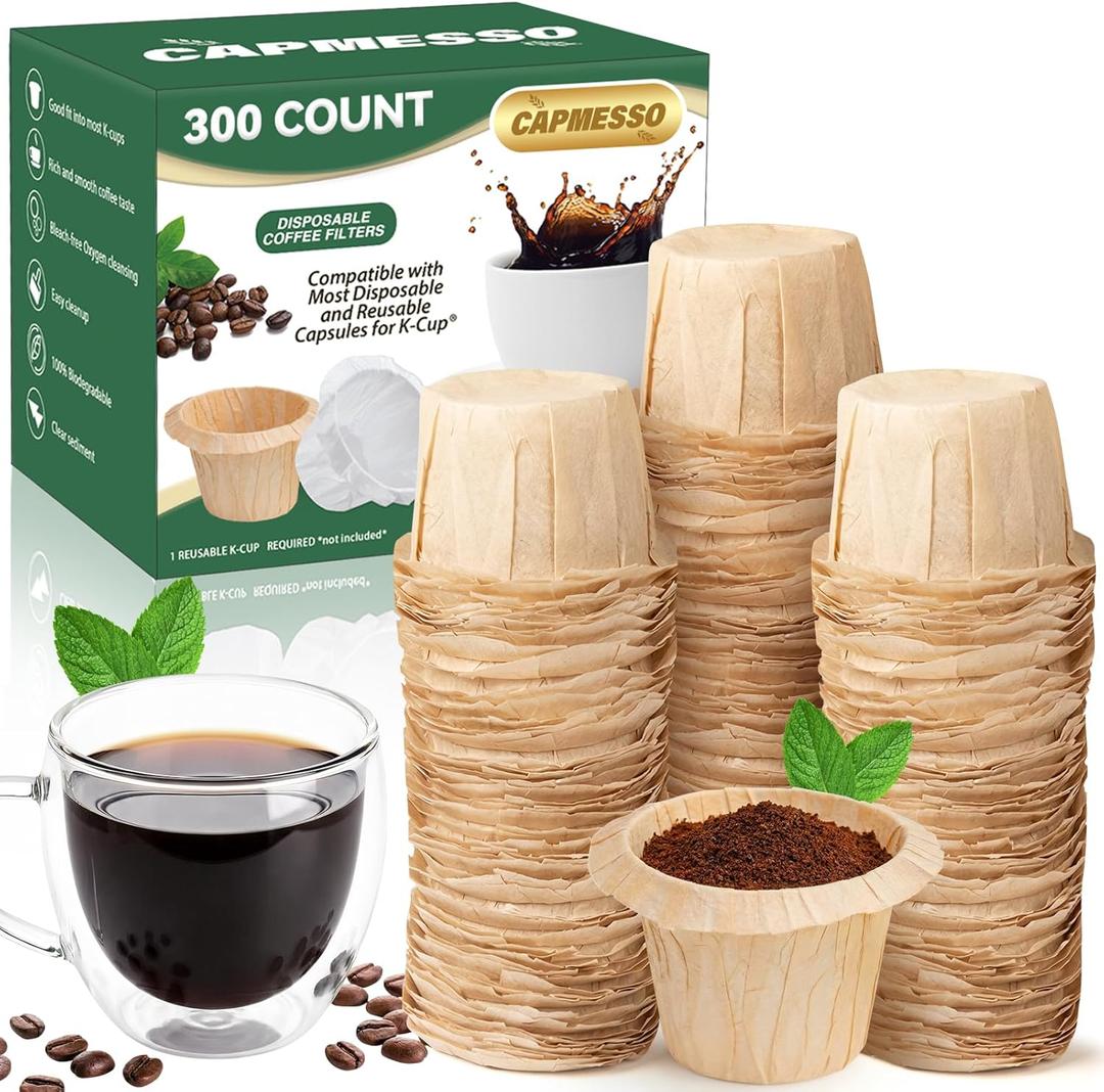 CAPMESSO Disposable Coffee Paper Filters Replacement Keurig Filter Compatible with Reusable Single Serve Pods Keurig Coffee Maker-300 Count (Natural)