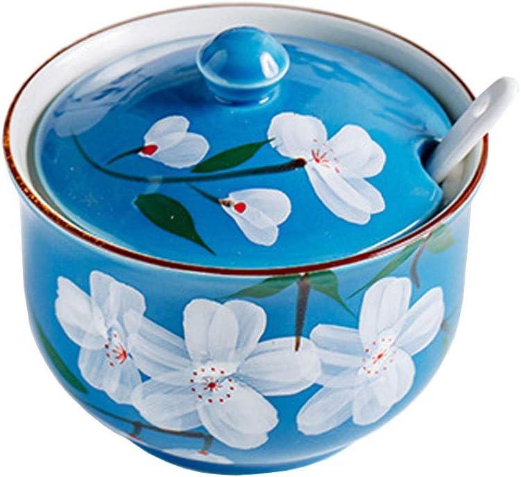 Hand-painted Flower Ceramic Seasoning Jar Condiment Pot Sugar Bowl with Lid and Spoon-Blue