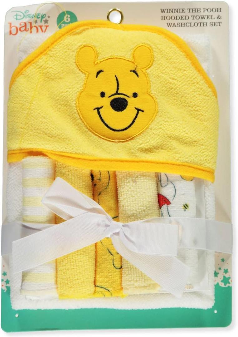 Cudlie Accessories Disney Baby Winnie The Pooh Hooded Towel with 5 Piece Washcloth Set, Honey Collector Print, GS71798, Yellow