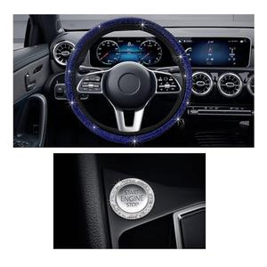 Ziciner Bling Car Steering Wheel Cover, Crystal Glitter Rhinestone Wheel Protector for Vehicle, Universal Automotive Interior Decorative Accessories with Start Button Starter Ring (Blue)