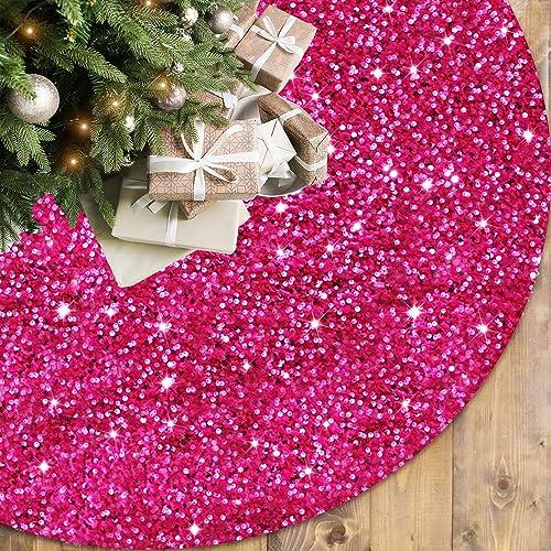 FOTSHARER Hot Pink Christmas Tree Skirt - 36 Inch Shiny Sequin Velvet Mermaid Glitter Tree Skirt - Perfect for Personalized Xmas Tree Decorations
