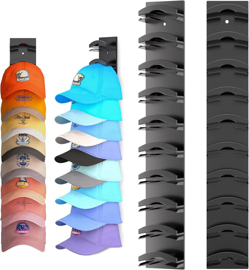 Hat Organizer Hold up to 20 Hats, 2 Pack Hat Rack for Wall with Strong Adhesive, Hat Organizer for Baseball Caps Display for Door Closet, Hat Hanger Holder Multilayer Two Mounting Option(Black)
