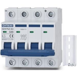 DC Miniature Circuit Breaker, 4 Pole 1000V 20 Amp Isolator for Solar PV System, Thermal Magnetic Trip, DIN Rail Mount DC Disconnect Switch C20