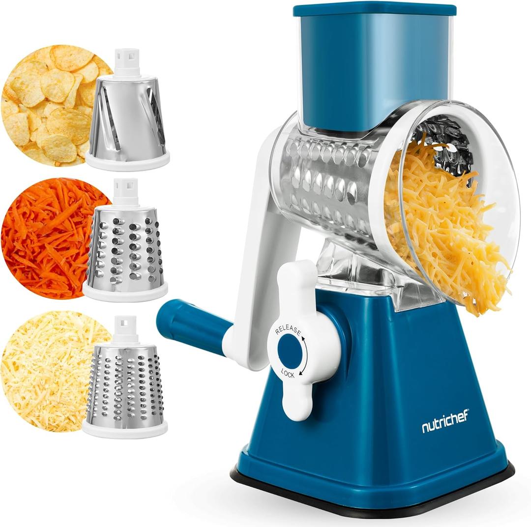 Nutrichef 3 in 1 Cheese Grater & Shredder | Strong Suction Base, Rotary Handle with Safety Lock | Includes Hand Crank & 3 Drum Blades for 3 Textures, Fine, Medium & Strips | Blue