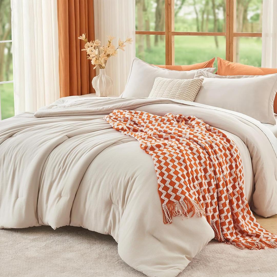 MUXHOMO Queen Size Comforter Set Beige, 3 Piece Solid Bedding for All Seasons, Warm Down Alternative Bed Set Includes 1 Lightweight Comforter (90"x90") and 2 Pillowshams (20"x26")