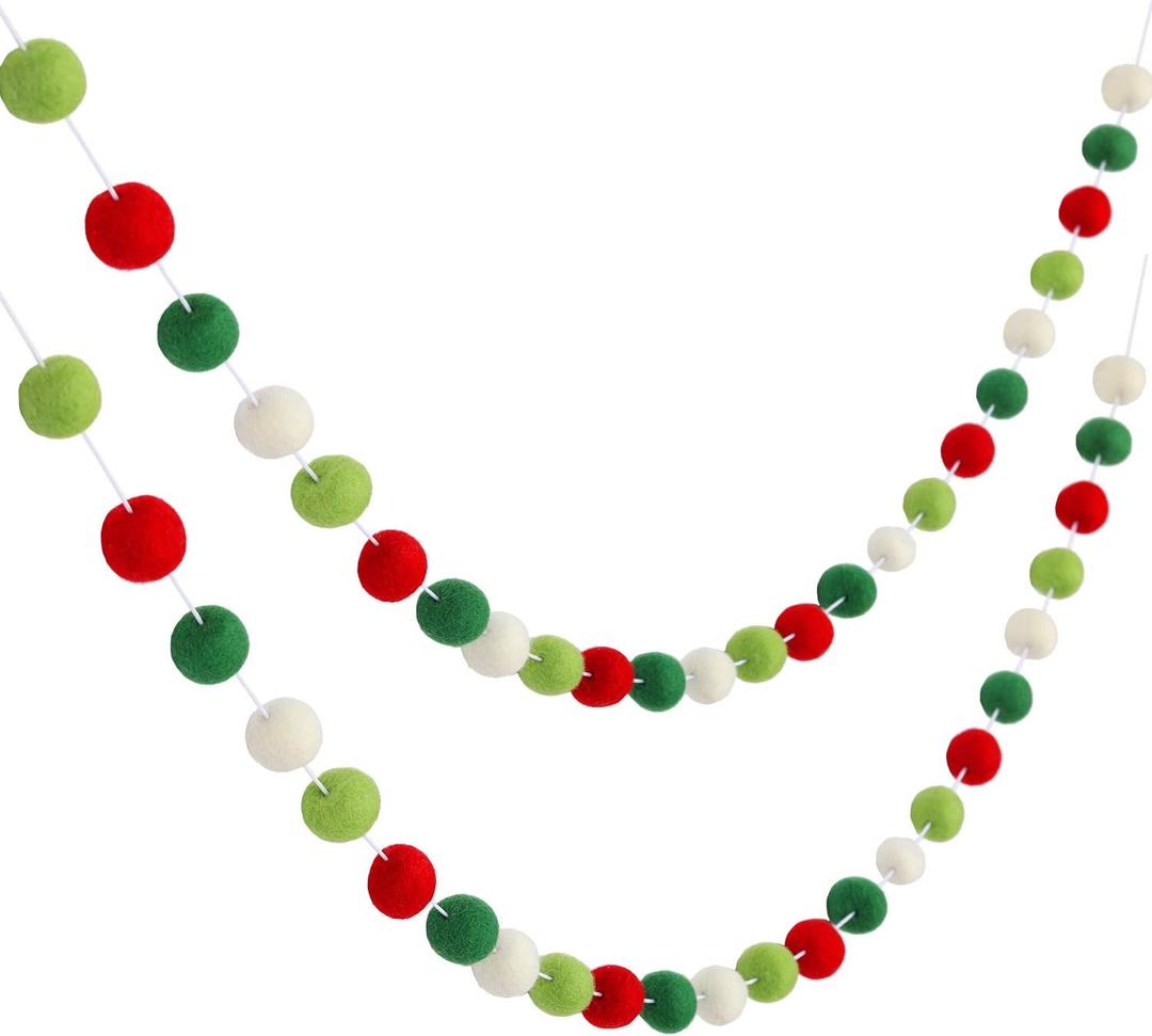Boao 2 Pack Felt Ball Garland Christmas Pom Pom Garland 19.6 ft 70 Balls Wool Felt Colorful Pompom Ornament String Banner Handmade Xmas Tree Wall Hanging Party Decor(Red, Green, White)