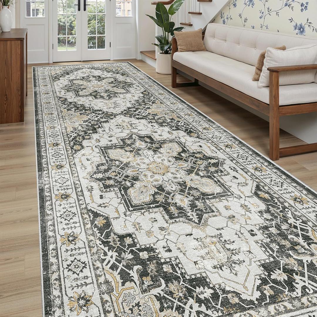 Madane 4x10 Wide Hallway Runner Rug: Washable Soft Rug Runners for Living Room Bedroom, Stain Resistant Low Pile Area Rugs Thin Non Slip Floor Carpet for Ktichen Bathroom Dining Room (Black,4x10)