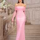 KUTUMAI Women Off Shoulder Bodycon Maxi Dress Long Sleeve Mesh Ruched Party Formal Wedding Guest Dresses (Pink, M)