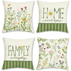 Bonhause Spring Wildflowers Throw Pillow Covers 18 x 18 Inch Garden Flowers Leaves Green Farmhouse Decorative Pillow Cases for Couch Sofa Home Garden Outdoor Decor Set of 4