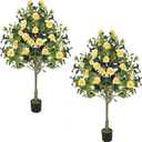 4FT Artificial Camellia Tree 2 Pack 47" Faux Camellia Plant with Black Pot, Realistic Leaves and Silk Floral Blooming for Indoor Outdoor Home Office Porch Decor, Yellow