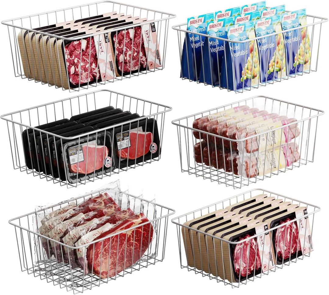iSPECLE Freezer Organizer Bins - 6 Pack Stand Up Freezer Organizers for 16 Cu.Ft Upright Freezer, Storage Baskets for Meat & Veggies, Prevents Items Falling, Slide-Out Access, 3 Large 3 Medium, White