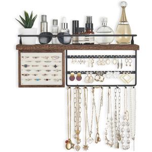 Mkono Hanging Jewelry Organizer Wall Mounted Jewelry Organizer Necklace Holder with Rustic Wood Shelf, Ring Display Box, Ear Studs Earring Holder Bracelet Organizer