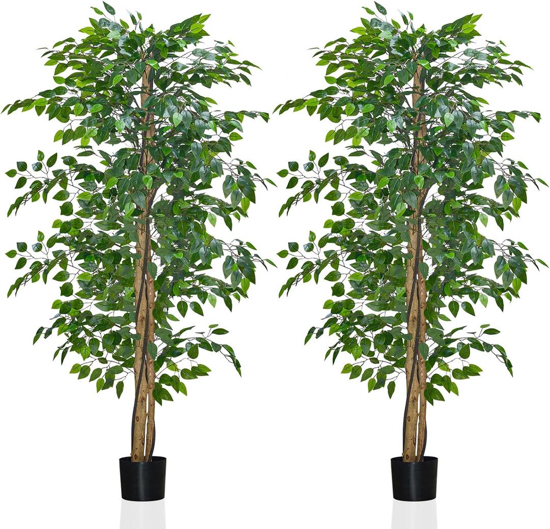 6ft Artificial Ficus Trees in Pot Pack of 2 Lifelike Silk Leaves Natural Wood Trunk, Faux Plants Potted Indoor Outdoor Home Decor, Fake Floor Tree for Wedding, Home, Office, Living Room