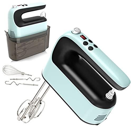 Yomelo 9-Speed Digital Hand Mixer Electric, 400W Powerful DC Motor, Hand Mixer Electric Handheld with Snap-On Storage Case, 5 Stainless Steel Accessories, Beaters, Dough Hooks, Whisk(Ice Blue/Black)
