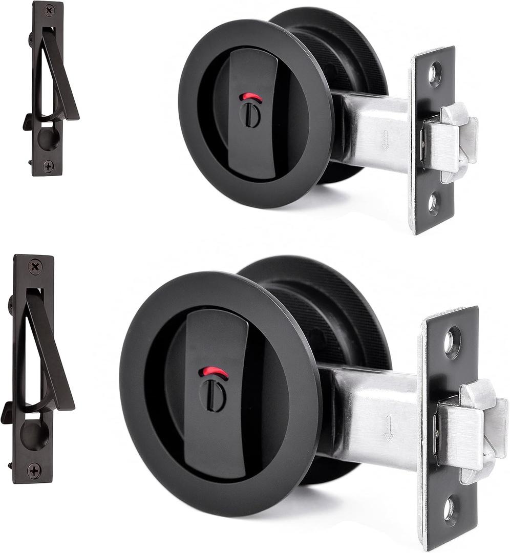 Dontay 2 Pack Pocket Door Lock, Color Coded Indicators, Privacy (Bed/Bath) Handles Latch, 2-3/8" Backset, Hardware for 1 3/8 to 2 3/16 Thickness Door (Including Edge Pull, Matte Black, Round) Dontay 2 Pack Pocket Door Lock, Color Coded Indicators, Privacy (Bed/Bath) Handles Latch, 2-3/8" Backset, Hardware for 1 3/8 to 2 3/16 Thickness Door (Including Edge Pull, Matte Black, Round)
