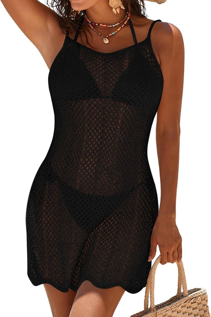 Pink Queen Womens 2026 Summer Crochet Swimsuit Cover Up Beach Bathing Suit Coverup Sheer Mesh Knit Tank Dress (Medium, Black)