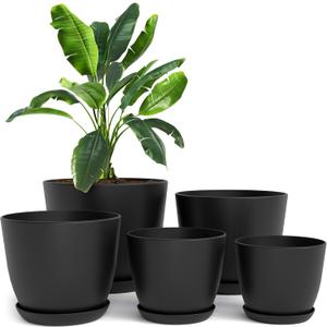 Utopia Home - Plant Pots Indoor with Drainage - 7/6.6/6/5.3/4.8 Inches Flower Pots for Indoor Planter - 5 Pack Plastic Planters - Ideal for Stocking Stuffers or Home Christmas Decorations - Black