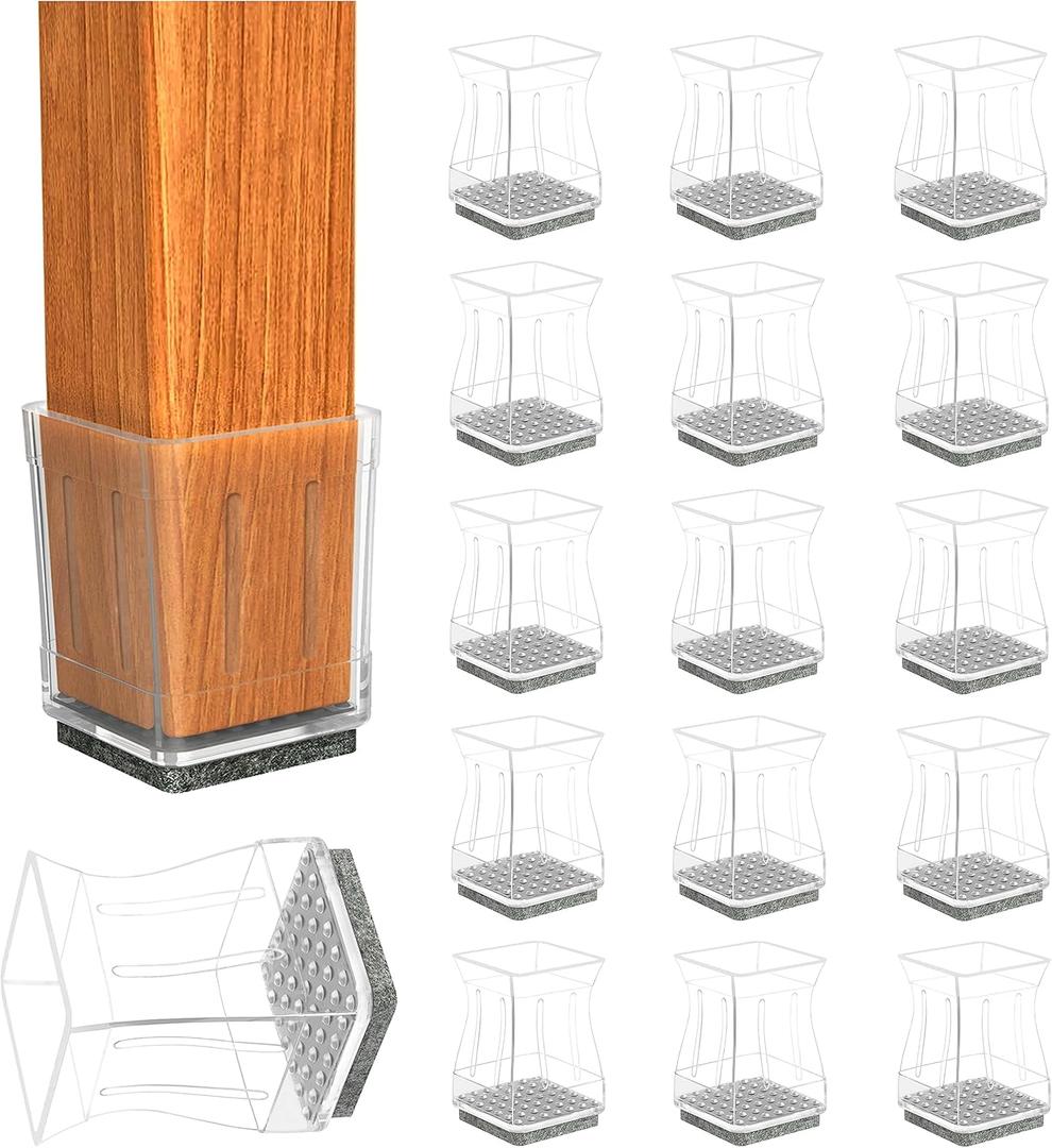 Square Chair Leg Protectors for Hardwood Floors, 16 Pcs Silicone Felt Furniture Leg Cover. 3/4" -7/8", Clear.