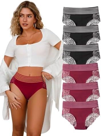 CINVIK Lace Sexy Undies for Women Stretch Full Coverage Control High Waist Cheeky Top Panties 5 Pack. Medium