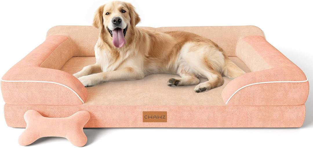 CWAWZ Extra Large Dog Bed, Orthopedic Dog Bed with Cooling Gel Memory Foam, Waterproof XL Pet Bed with Removable Washable Cover, 42" Pet Sofa Couch Dutch Velvet with Bone Toy, Peach Pink