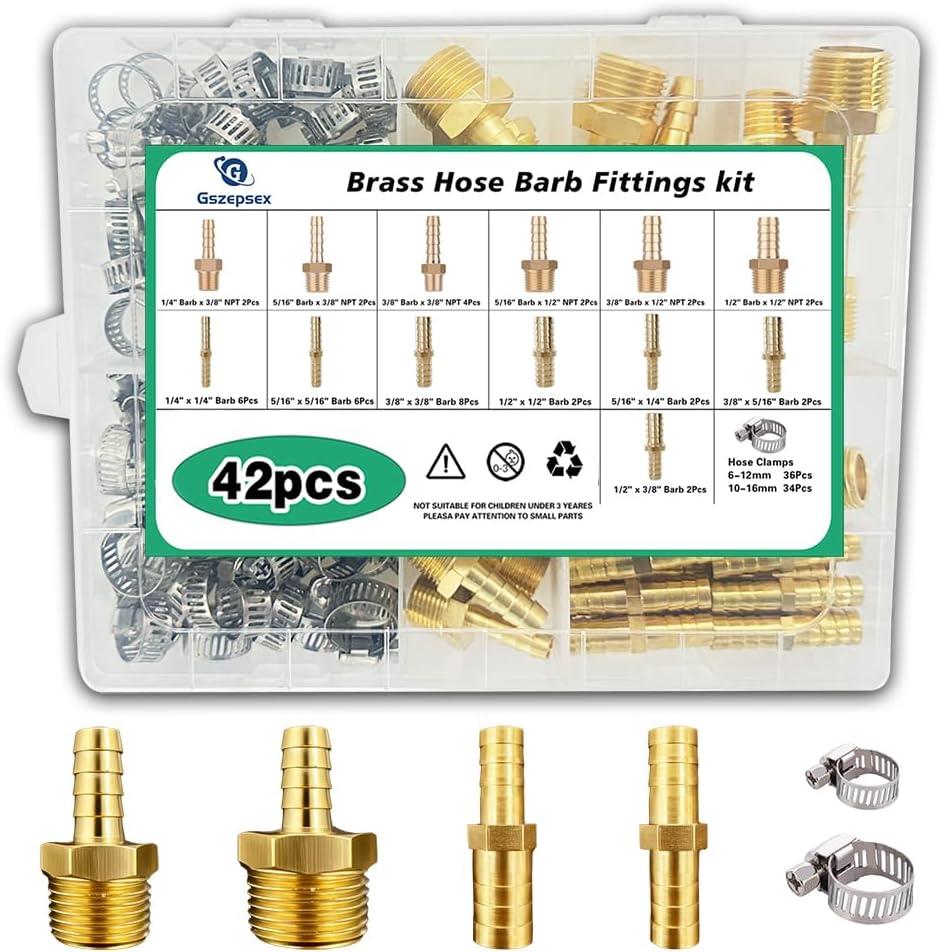 42PCS Brass Hose Barb Fittings Kit 1/4" 5/16" 3/8" 1/2" Barbed Splicer(28Pcs), Barb to NPT Male Thread Adapter(14Pcs) with 70Pcs Hose Clamps for Water Fuel Air Line Connector Fitting