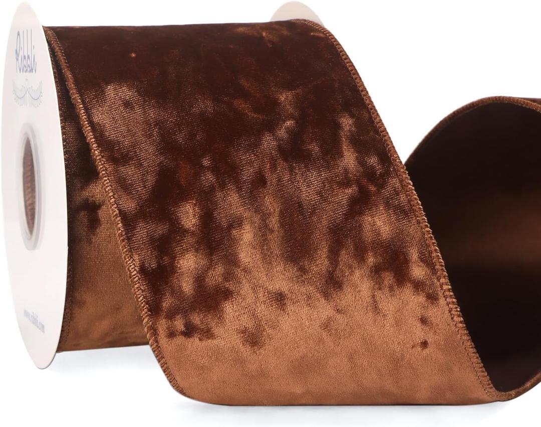 Ribbli Copper Brown Velvet Wired Ribbon 4 Inch Crushed Velvet Christmas Ribbon for Gift Wrapping Christmas Tree Decoration Crafts Wreaths Supplies-Continuous 10 Yards