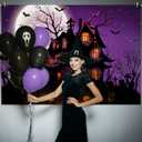 Mocsicka Halloween Backdrop for Photography Purple Night Moon Haunted House Background Spooky Cemetery Hollween Costume Party Decorations Banner Photo Studio Props (8x6ft)