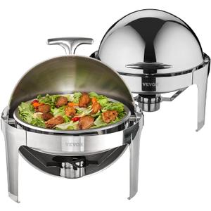 VEVOR Roll Top Chafing Dish Buffet Set, 6 Qt 2 Pack, Stainless Steel Chafer with 2 Full Size Pans, Round Catering Warmer Server with Lid Water Pan Stand Fuel Holder, for at Least 5 People Each (Silver)