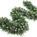 9Ft Artificial Christmas Garland with 50 Lights, Xmas Holiday Decoration Snow Flocked Artificial Garland with Pinecones Berries for Stairs Fireplaces Wall Door for Stairs