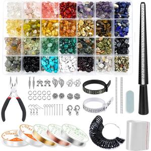 MueKeesam 1784Pcs Jewelry Making Kit with 28 Colors Gemstone Crystal Beads, Earring Making Kit with Silver Charms, Jewelry Beading Wire, Plier, DIY Ring Sizer Measuring Tool for Women, Adults