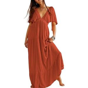 Kikibell Women Summer Dresses Sexy V-Neck Maxi Dress Tiered Silhouette with Flutter Sleeve Backless Elastic Waist Flowy Dress, XL