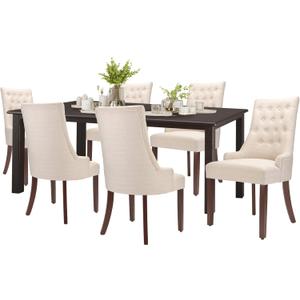 COLAMY 7-Piece Dining Table Set for 6, 60" Rectangular Kitchen Wood Table with 6 Wingback Dining Room Chairs, Brown/Beige