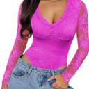 SAUNGKUAI Womens Sexy V-Neck Long Sleeve Bodysuit Double Lined Going Out Y2K Trendy Lace Body Suit Tops (Medium, Hotpink)