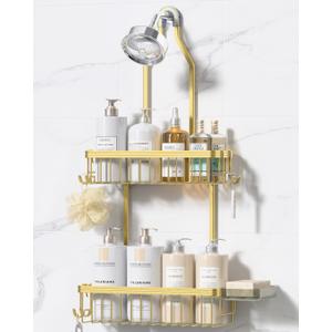 YASONIC Shower Caddy Hanging, Never Rust Shower Organizer Hanging, Aluminum Shower Racks for Inside Shower with Hooks for Razor, Bathroom Organizers and Storage with Soap Holder, Gold
