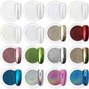 Artdone 16Jars Chrome Nail Powder Magic White Pearl Kit Mirror Effect Silver Metallic Holographic Dip Nail Powder for Resin Craft & Nail Art Fimo, Decoration Iridescent Aurora Mermaid Pigment
